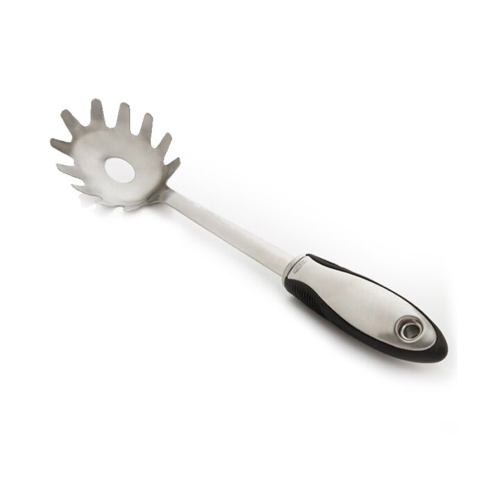 A Spaghetti Server Utensil Designed For Serving And Portioning Cooked Spaghetti. The Spaghetti Server Typically Features A Long Handle With A Fork-Like Or Spoon-Like End, Allowing For Easy Twirling And Serving Of Pasta.