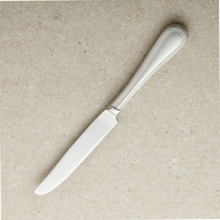 A table knife, a common utensil used for cutting and spreading food at the dining table. It has a sturdy handle and a sharp, serrated or non-serrated blade, designed for slicing through various types of food, such as meat, vegetables, and bread.