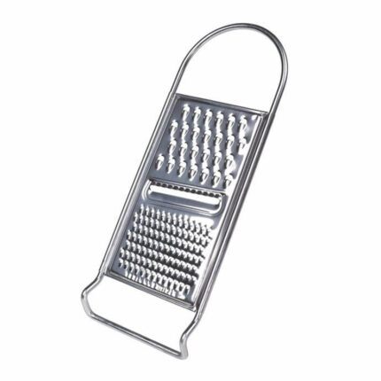 "Flat handheld grater with multiple blades for grating, slicing, and shredding ingredients."