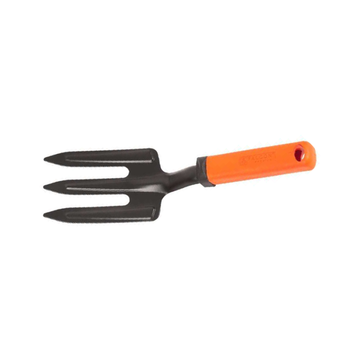 Weeding Fork With Pvc Grip, A Handheld Gardening Tool With Multiple Tines And A Pvc Grip Handle, Designed For Effective Removal Of Weeds In The Garden By Loosening And Lifting Them From The Soil.