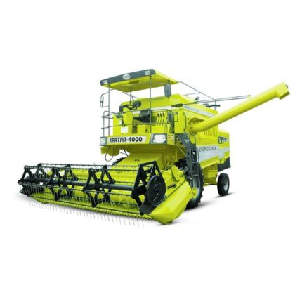 The combine harvester is characterized by its vibrant green and black color scheme.