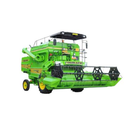 The combine harvester features a vibrant green color and is powered by a diesel engine.