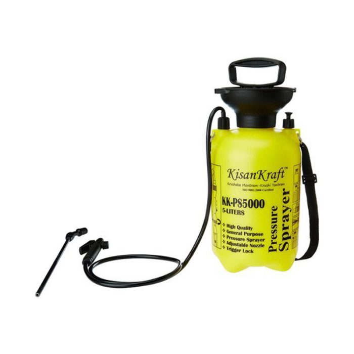 A Manual Pressure Sprayer With A Capacity Of 5 Liters. This Sprayer Is Designed For Various Applications Such As Spraying Fertilizers, Pesticides, And Herbicides. It Features A Pump Handle For Pressurizing The Tank And A Nozzle For Controlling The Spray Pattern. The Kisan Kraft Sprayer Is Commonly Used In Gardening, Agriculture, And Horticulture