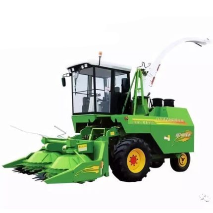 The harvester is equipped with its own engine and drivetrain, allowing it to move independently through the fields.