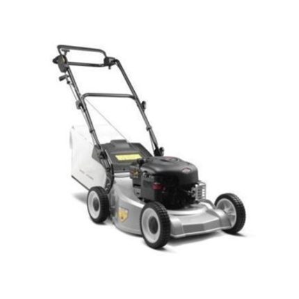 Silver petrol engine lawn mowers - A group of silver-colored lawn mowers powered by petrol engines, designed for cutting grass and maintaining lawns.