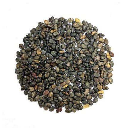 A pile of sunhemp seeds on a white background. The seeds are small, spherical, and have a dark brown or black color.