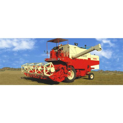 The combine harvester features large wheels with specialized treads for improved traction and maneuverability in various field conditions.