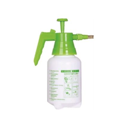 A compact pressure sprayer with a capacity of 2.5 liters. The sprayer features a white and green color scheme. It is designed for spraying liquids such as water, fertilizers, and pesticides.