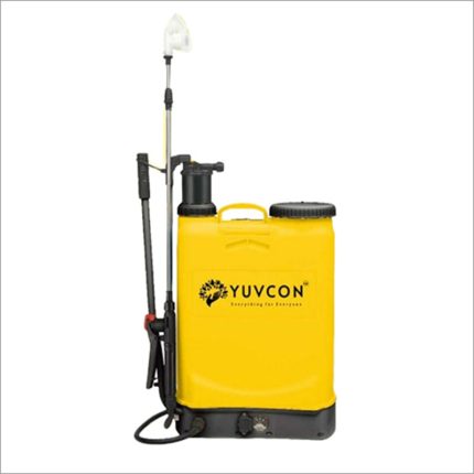 A versatile knapsack sprayer in yellow color with a capacity of 16 liters. It can be operated both electrically and manually, making it suitable for various spraying applications in agriculture and gardening.