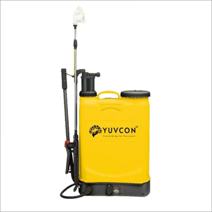 A Versatile Knapsack Sprayer In Yellow Color With A Capacity Of 16 Liters. It Can Be Operated Both Electrically And Manually, Making It Suitable For Various Spraying Applications In Agriculture And Gardening.