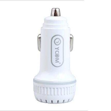 A white-colored car charger with a 2.4 Amp output, designed to charge mobile devices.