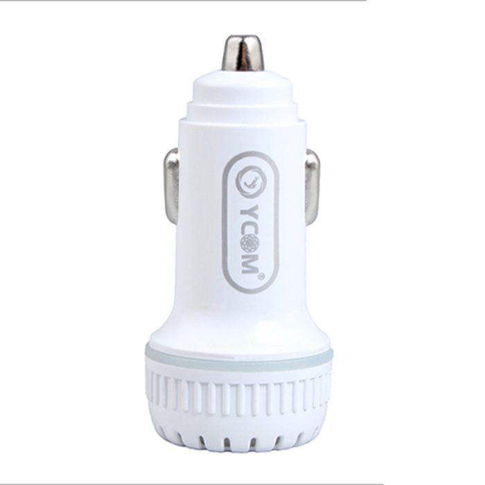 A White-Colored Car Charger With A 2.4 Amp Output, Designed To Charge Mobile Devices.